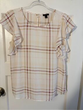 Ann Taylor Cream Plaid Ruffle Sleeve Blouse